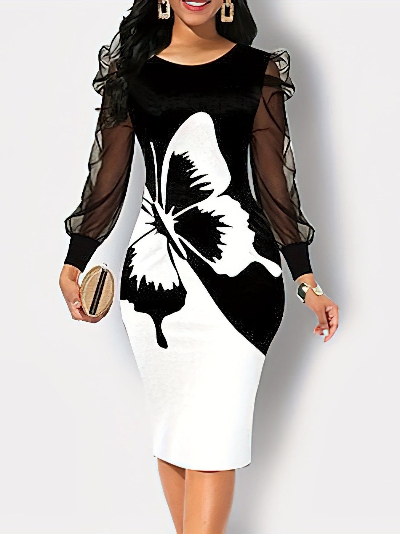 Butterfly Print Contrast Mesh Dress, Elegant Crew Neck Long Sleeve Dress, Women's Clothing