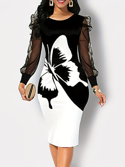 Butterfly Print Contrast Mesh Dress, Elegant Crew Neck Long Sleeve Dress, Women's Clothing