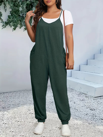 Plus Size Chic Cami Jumpsuit - Comfort-Fit with Tapered Leg, V-Neck Design, and Convenient Pockets - Versatile for Casual and Everyday Wear