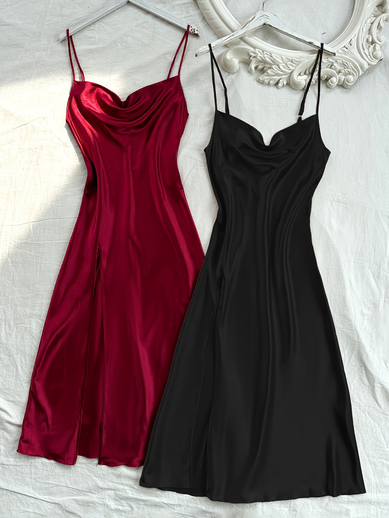 2 Pcs Women's Elegant Solid Satin Sleepwear Dress, Turtleneck Side Split Backless Midi Slip Dress, Comfortable Nightgown