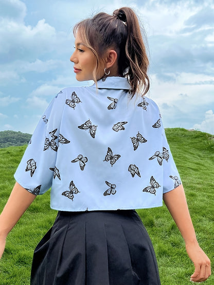 Elegant Spring-to-Fall Butterfly Print Blouse: Chic Contrast Collar, Durable & Easy-Care Top for Women