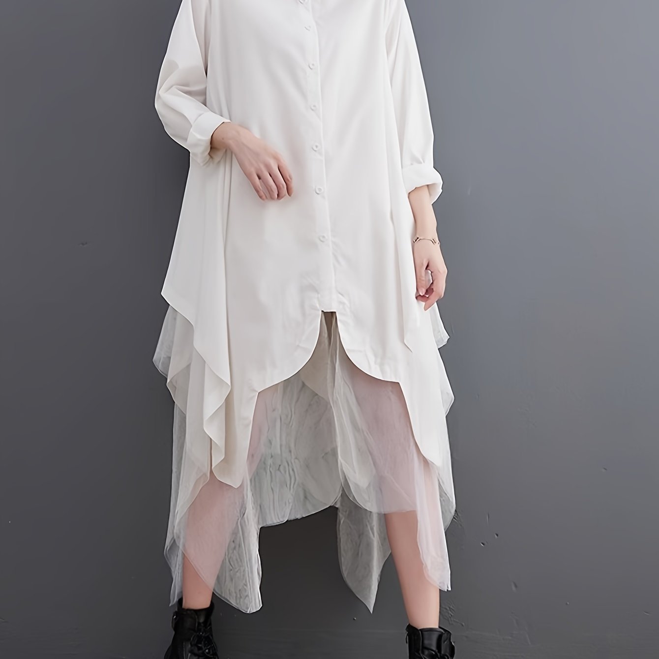 Asymmetric Hem Button Front Shirt, Stylish Long Sleeve Contrast Mesh Loose Blouse For Spring & Fall, Women's Clothing