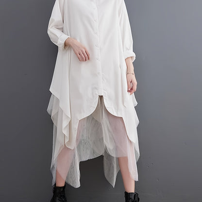Asymmetric Hem Button Front Shirt, Stylish Long Sleeve Contrast Mesh Loose Blouse For Spring & Fall, Women's Clothing