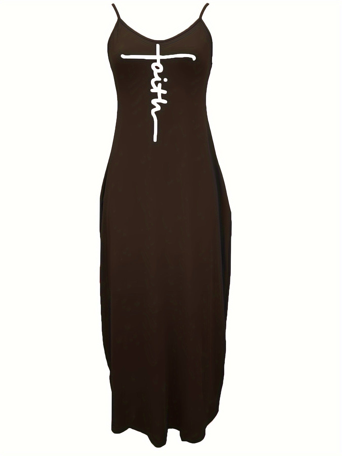 Faith Print Backless Dress, Casual Spaghetti Strap V Neck Loose Dress, Women's Clothing