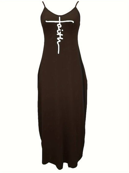 Faith Print Backless Dress, Casual Spaghetti Strap V Neck Loose Dress, Women's Clothing