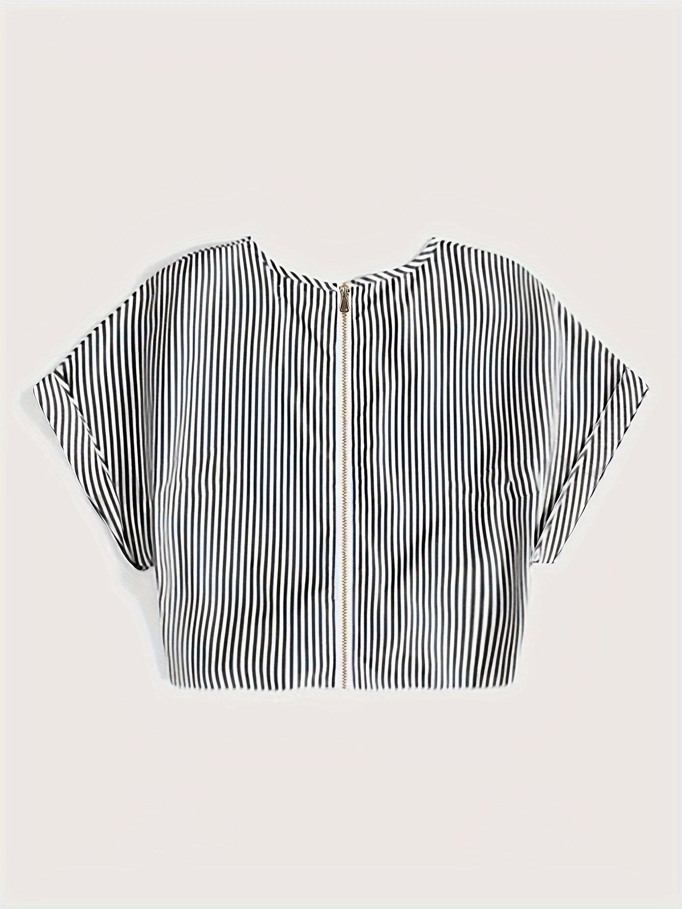Striped Zip Up Knotted Blouse, Elegant Short Sleeve Crop Top For Spring & Summer, Women's Clothing