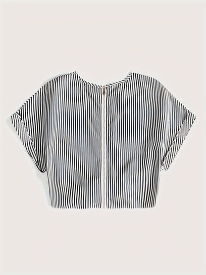 Striped Zip Up Knotted Blouse, Elegant Short Sleeve Crop Top For Spring & Summer, Women's Clothing