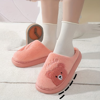 HOLLE Plush Fleece-Lined Winter Slippers with Cute Cartoon Bear Design - Soft EVA Sole Indoor House Shoes for Women & Men, Cozy Warm Indoor/Outdoor Footwear, Cute Slippers