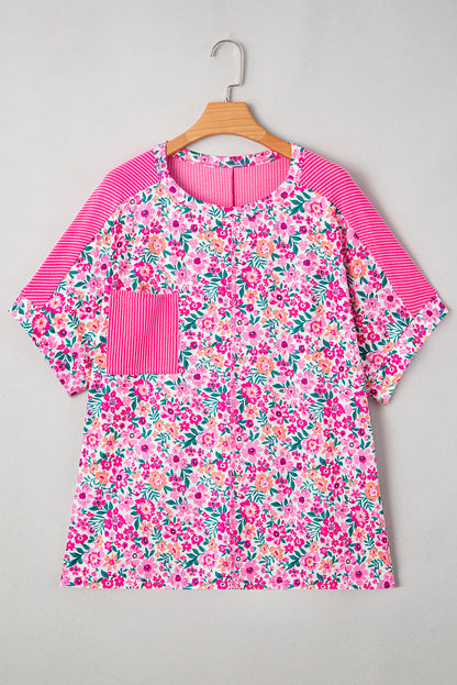 Pink Plus Size Floral Print Corded Patchwork Loose Top
