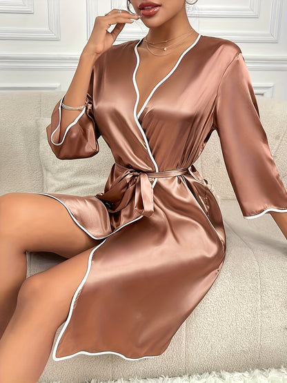 Luxurious Satin Night Robe - Soft Three Quarter Sleeve, V Neck Design, Adjustable Belt, Elegant Contrast Binding, Comfortable Women's Sleepwear & Dresses for a Restful Night
