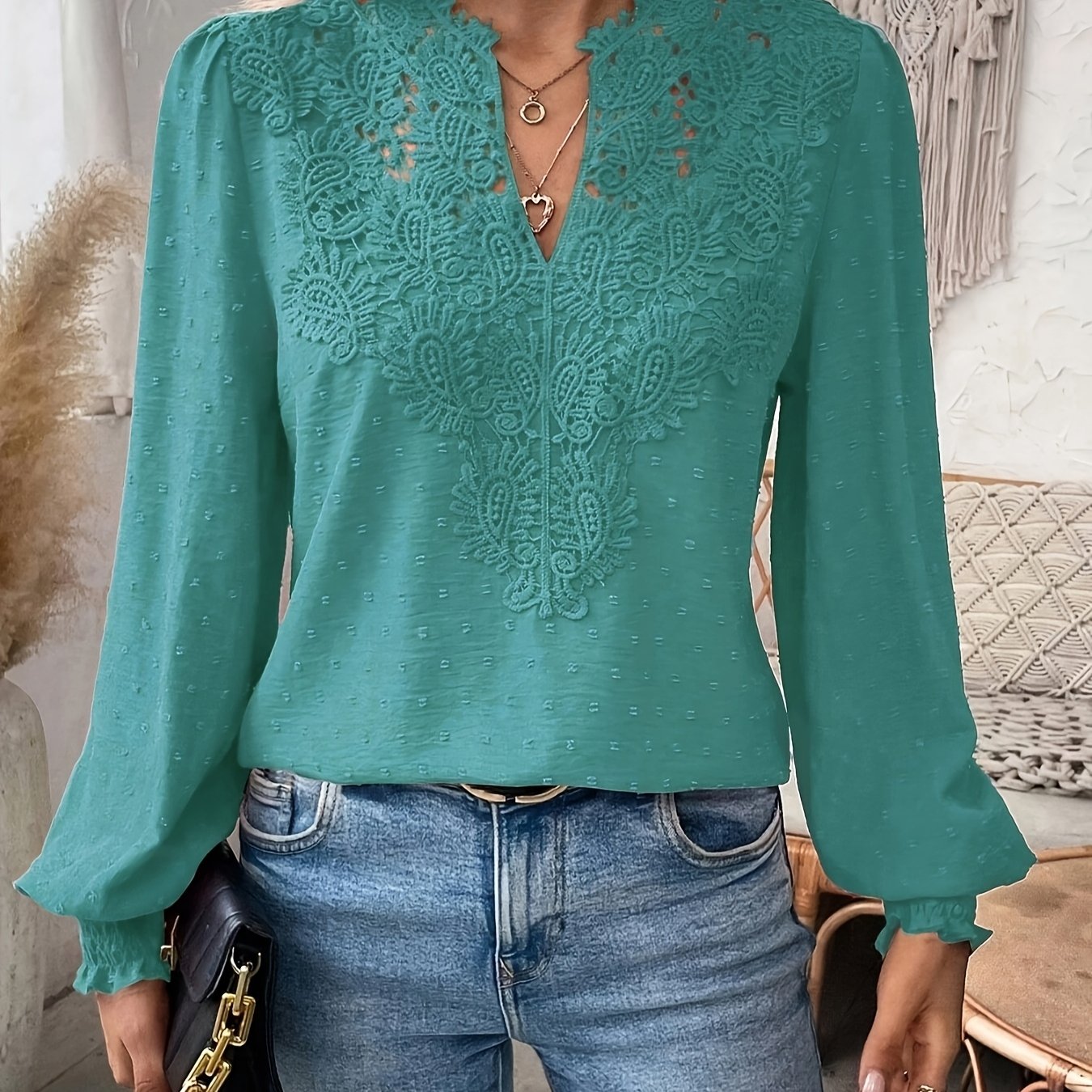 Stylish Plus Size Teal V-Neck Blouse with Lace Detailing - Lightweight Polyester Blend for Spring/Summer - Machine Washable Casual Shirt