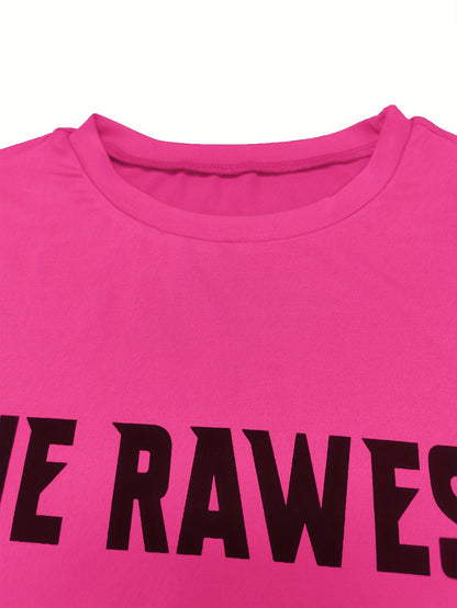 Women'S Casual Crew Neck Long Sleeve Blouse, Polyester Knit Fabric, with "THE RAWEST" Letter Print, for Spring/Fall