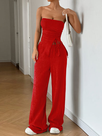 Women's Summer Fashion Outfit - Solid Color Crop Top and Pants, Side Drawstring, Comfortable for Casual Wear