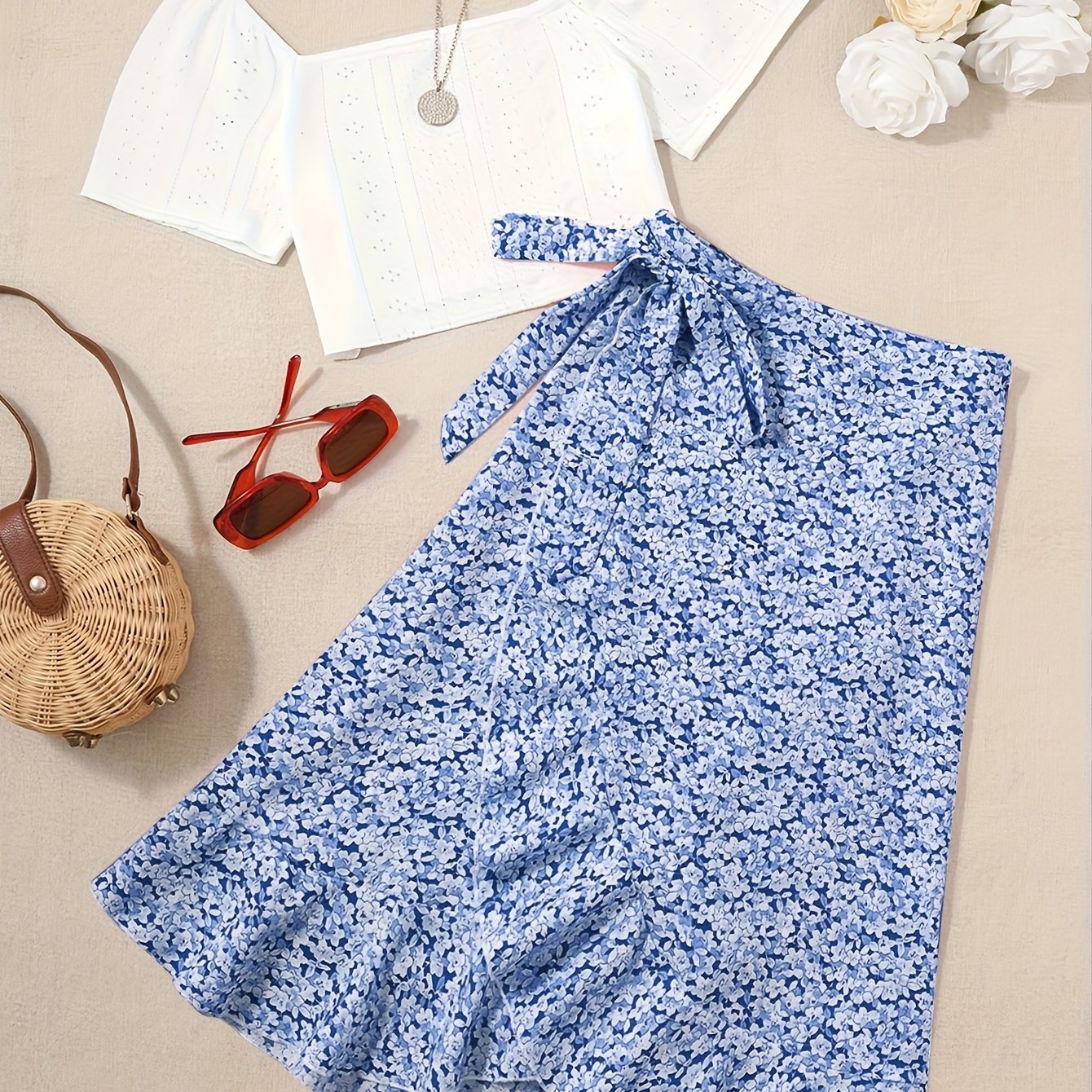 Vacation Ready - Chic Square Neck Crop Top & Adjustable Print Wrap Skirt Set - Flirty Short Sleeves, Womens Two-Piece Outfit