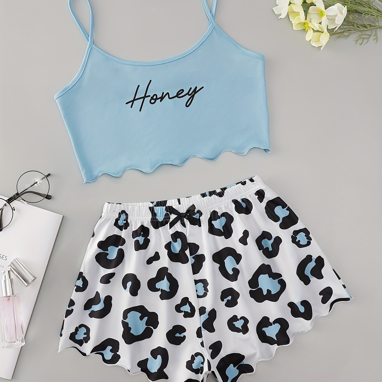 Sexy Leopard & Letter Print Pajama Set - Relaxed Fit, Round Neck, Backless Crop Cami Top, Shorts, Comfortable, Soft Fabric, Sleepwear for Women