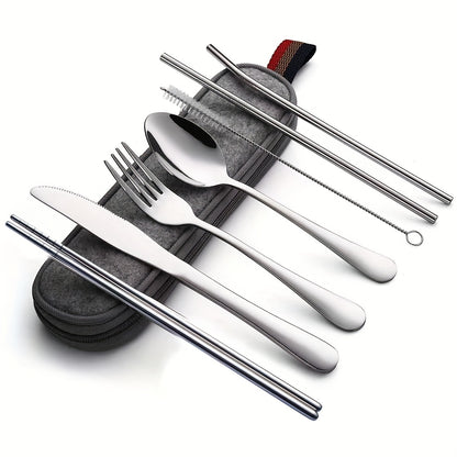8pcs Portable Utensils, Travel Camping Cutlery Set, Knife Fork Spoon Chopsticks Cleaning Brush Straws Portable Case, Stainless Steel Flatware Set