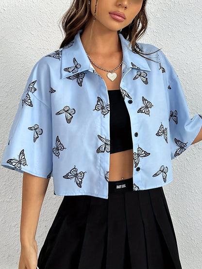 Elegant Spring-to-Fall Butterfly Print Blouse: Chic Contrast Collar, Durable & Easy-Care Top for Women