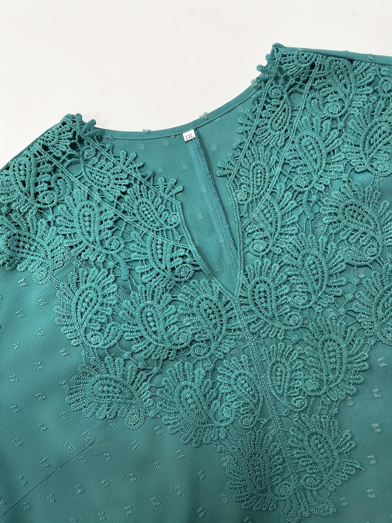 Stylish Plus Size Teal V-Neck Blouse with Lace Detailing - Lightweight Polyester Blend for Spring/Summer - Machine Washable Casual Shirt