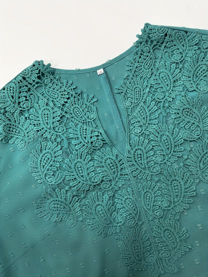 Stylish Plus Size Teal V-Neck Blouse with Lace Detailing - Lightweight Polyester Blend for Spring/Summer - Machine Washable Casual Shirt