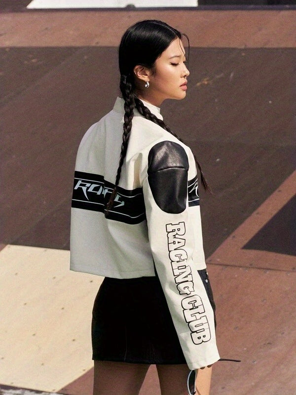 Stylish Faux Leather Long Sleeve Crop Jacket with Letter Print Button Front - Women's Fashion Outerwear for Chic Look - Faux Leather