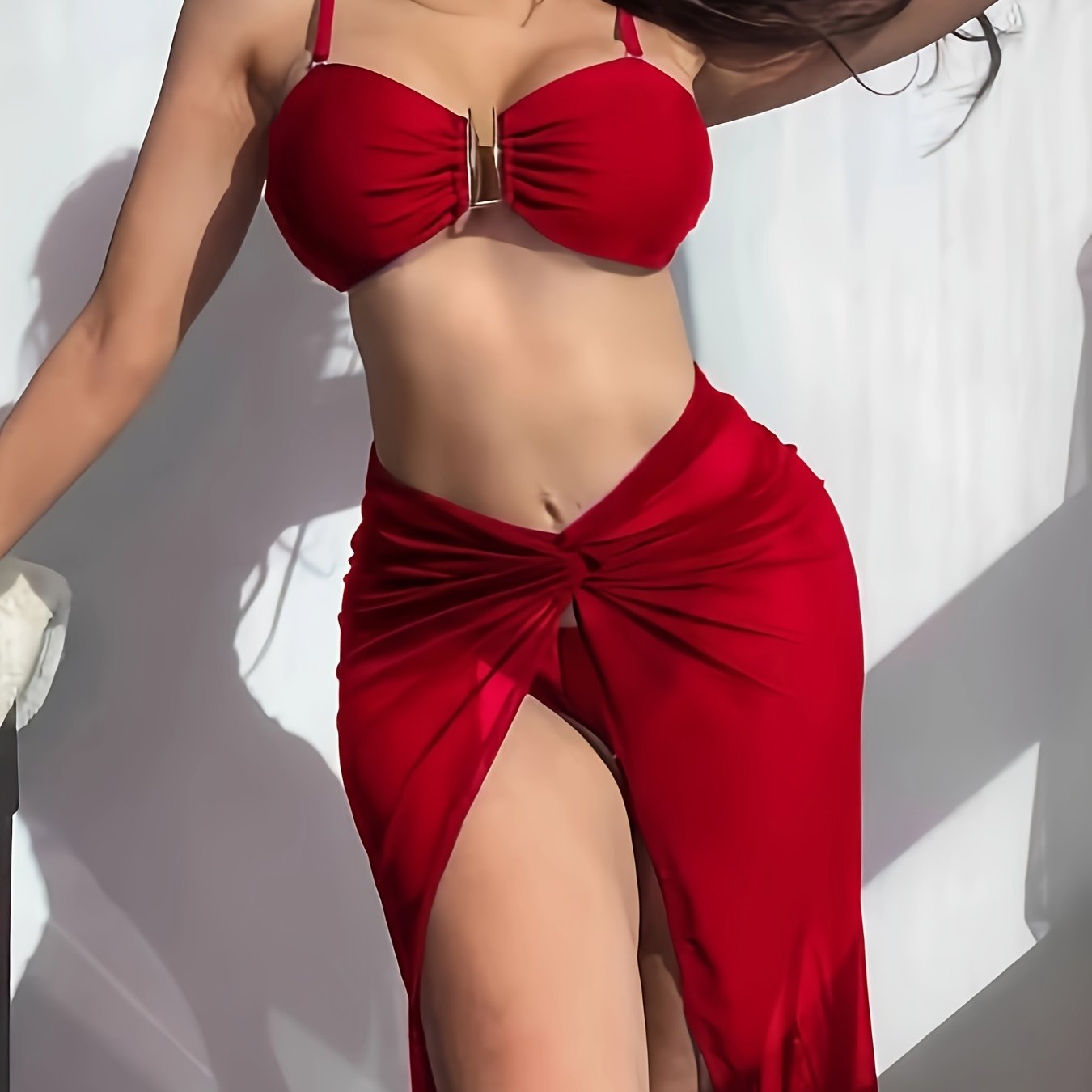 Solid Color 3 Piece Set Bikini, U-Wire High Cut With Cover Up Skirt Swimsuits, Women's Swimwear & Clothing