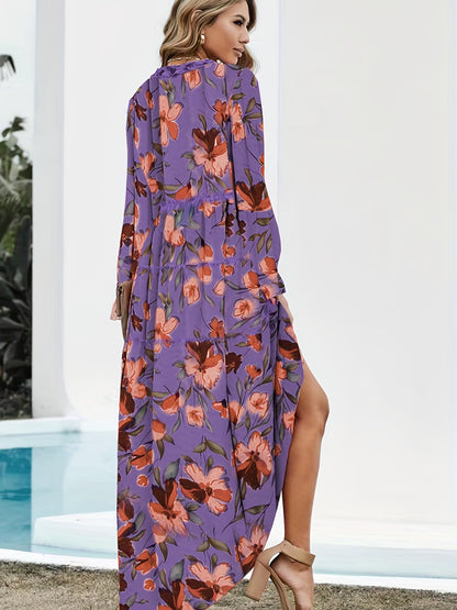 Lightweight Chiffon Floral Maxi Dress for Women - V-Neck, Long Sleeve, Layered Ruffle Hem, Bell-Bottom Maxi with Adjustable Waist Cincher, Perfect for Spring/Summer/Fall Vacations, Vacation Dress | Flowing Maxi Dress | Flowin