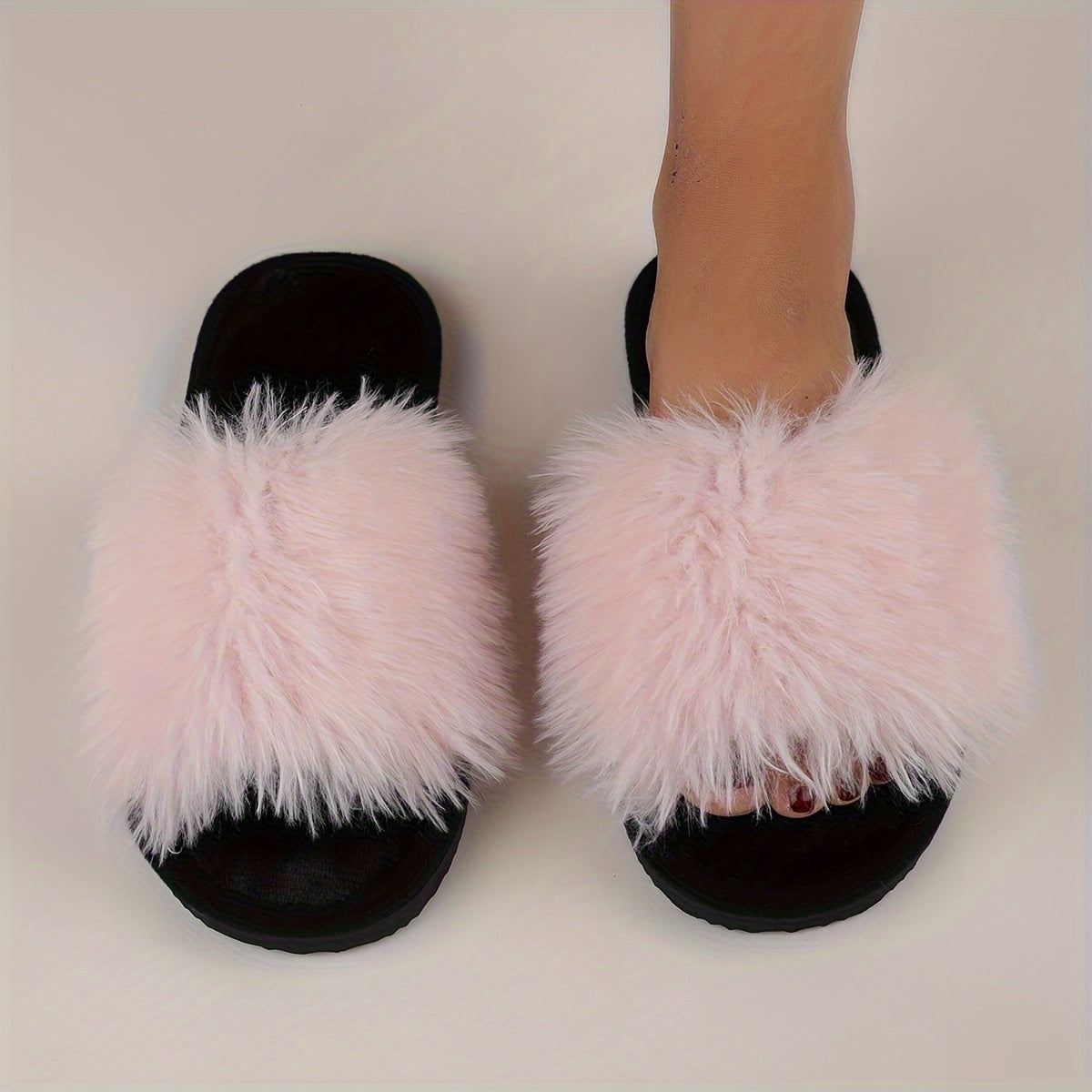 Elegant Women's Faux Fur Slippers - Winter Plush Open Toe Slip-On House Slippers with EVA Sole - Solid Color Fluffy Indoor Cotton Slides - Cixi Production Area