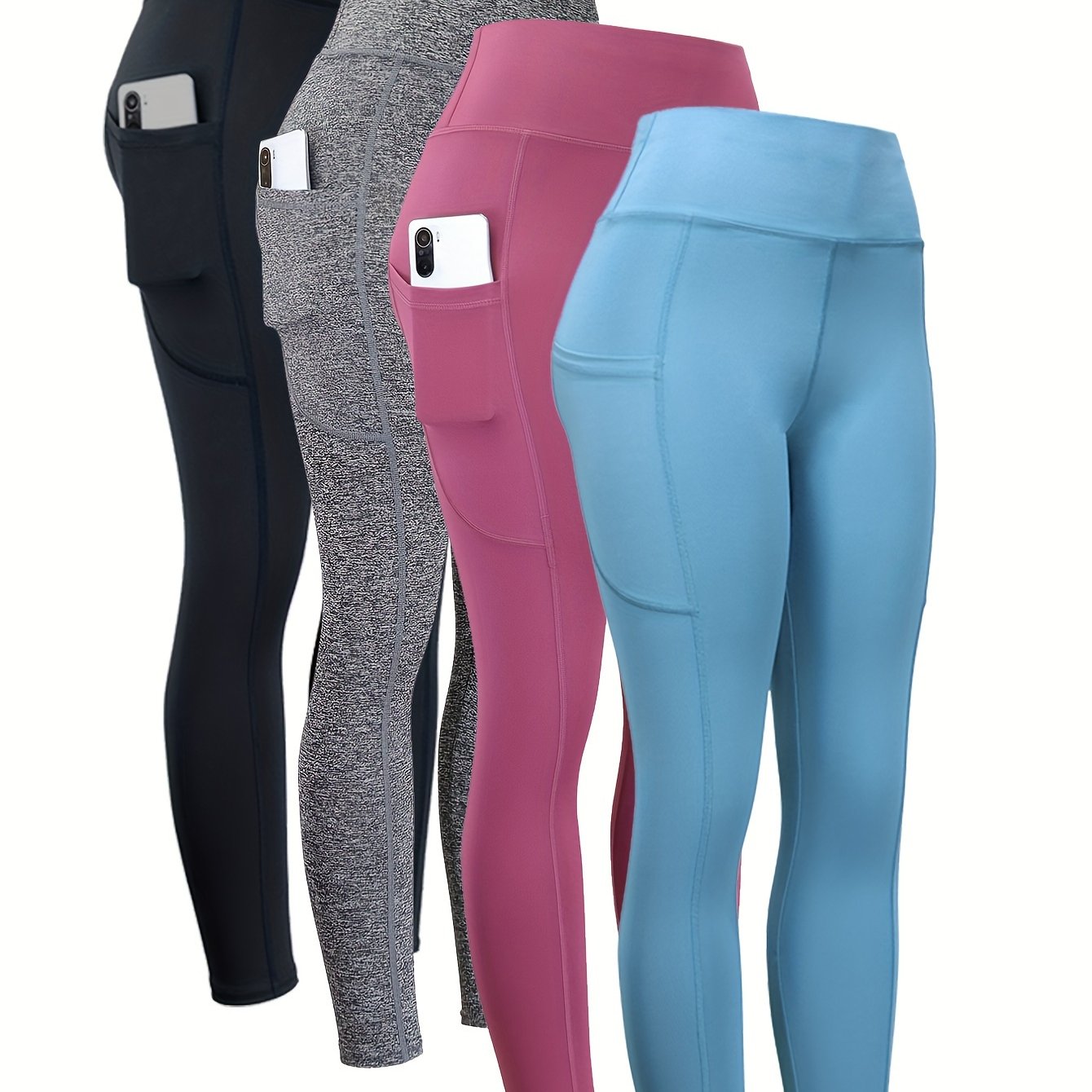 4pcs High Waist Yoga Leggings With Pocket For Women, Solid Color, Tight Fit, Women's Activewear