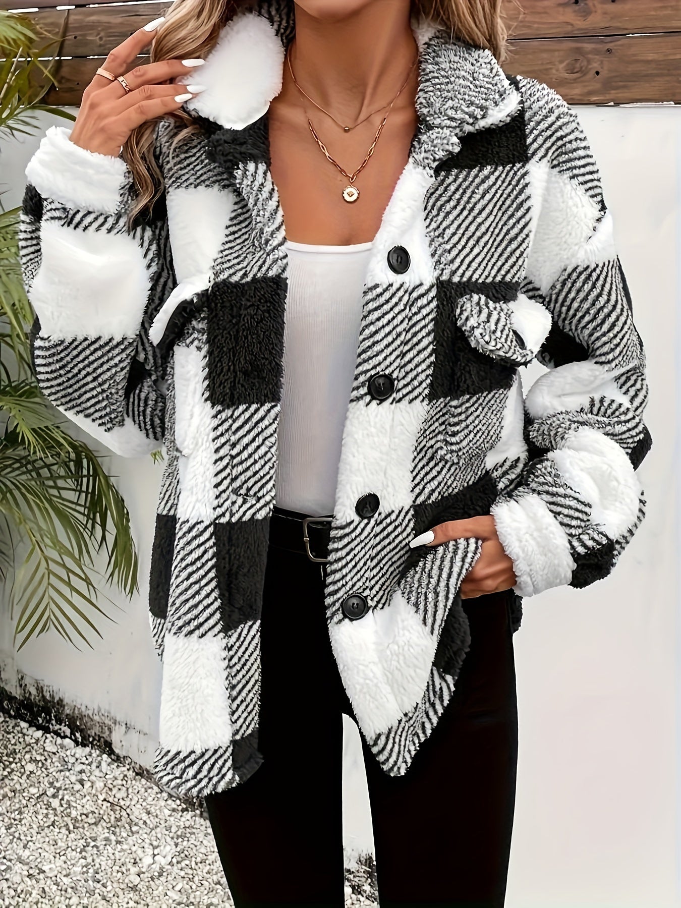 Cozy Plaid Teddy Jacket - Soft Thermal Long Sleeve, Flap Pockets, Button Front, Casual Chic Coat for Fall & Winter - Women's Warm Clothing for Everyday Wear