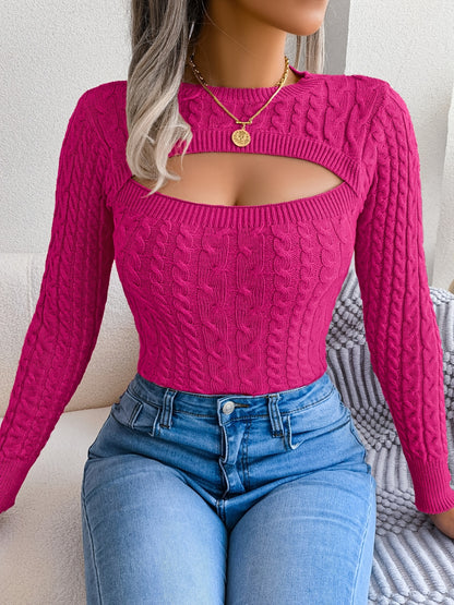 Women'S Sexy Hollow-Out Knit Pullover Sweater, Long Sleeve Crew Neck, Skinny Fit, Acrylic Blend (Polyester 28%, Polyamide 22%, Viscose 28%), High Stretch Fabric, Solid Color, Spring/Fall Fashion Top