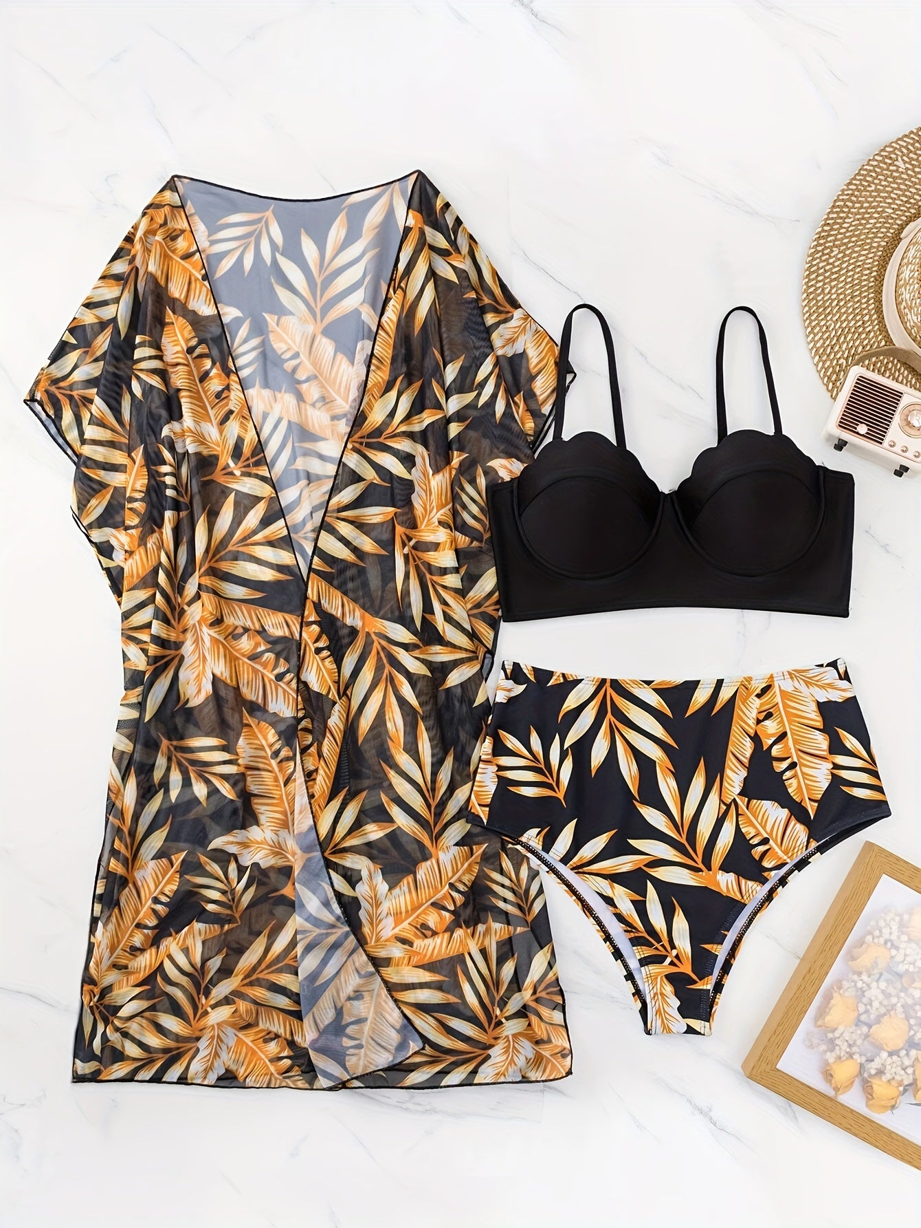 3 Piece Tropical Print High Waist Bikini Set - Off the Shoulder, High Stretch, Semi-Sheer, Polyester Fabric, Random Printing, Knit Swimsuits for Women - Perfect for Swimming and Beach Activities