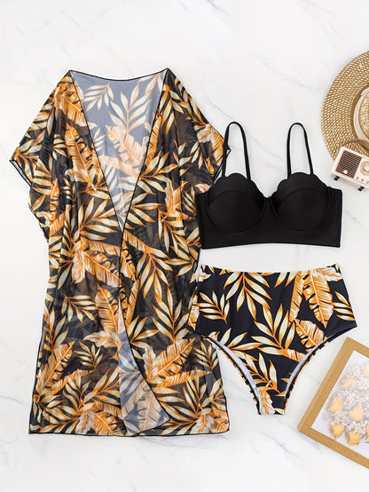3 Piece Tropical Print High Waist Bikini Set - Off the Shoulder, High Stretch, Semi-Sheer, Polyester Fabric, Random Printing, Knit Swimsuits for Women - Perfect for Swimming and Beach Activities
