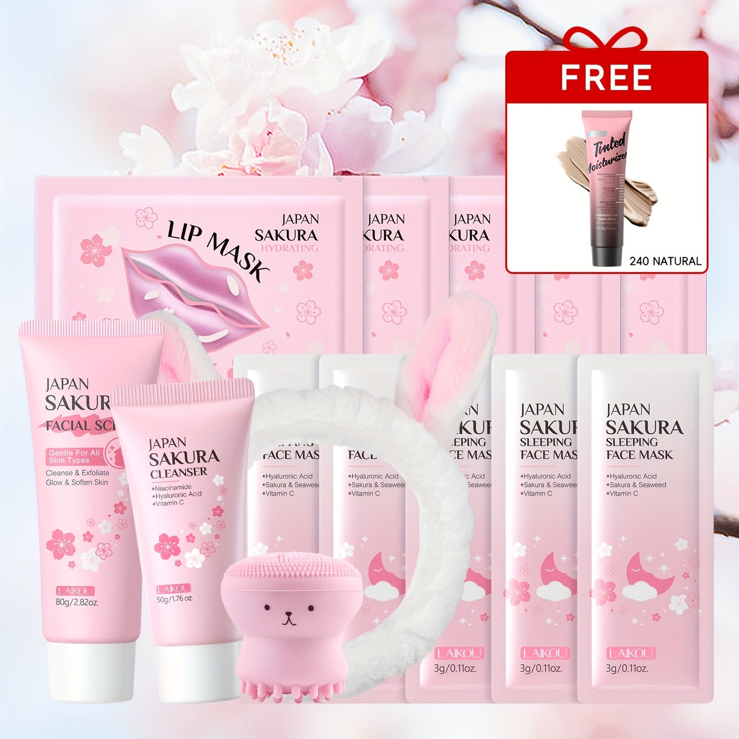 LAIKOU Sakura Facial Cleansing & Moisturizing 15pcs/Set, with 5pcs Sleeping Mask, 5pcs Lip Mask, 50g Facial Wash, 80g Facial Scrub, Cute Hairband & Cleansing Brush, Gently Clean Skin, Free Gift Of Aloe Vera Foundation, Full O