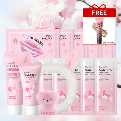 LAIKOU Sakura Facial Cleansing & Moisturizing 15pcs/Set, with 5pcs Sleeping Mask, 5pcs Lip Mask, 50g Facial Wash, 80g Facial Scrub, Cute Hairband & Cleansing Brush, Gently Clean Skin, Free Gift Of Aloe Vera Foundation, Full O