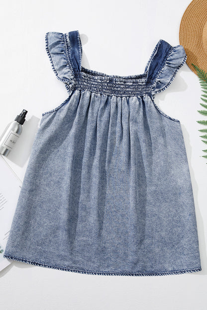 Ashleigh Blue Ruffled Shirred Neckline Sleeveless Denim Tank Top
