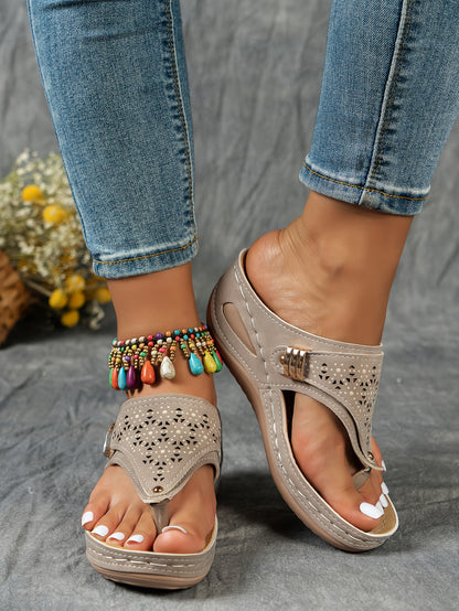 Stylish Cut-Out Thong Sandals - Soft Metallic Platform Wedge, Comfortable Beach Slides with Adjustable Straps, Vacation Essentials for Women