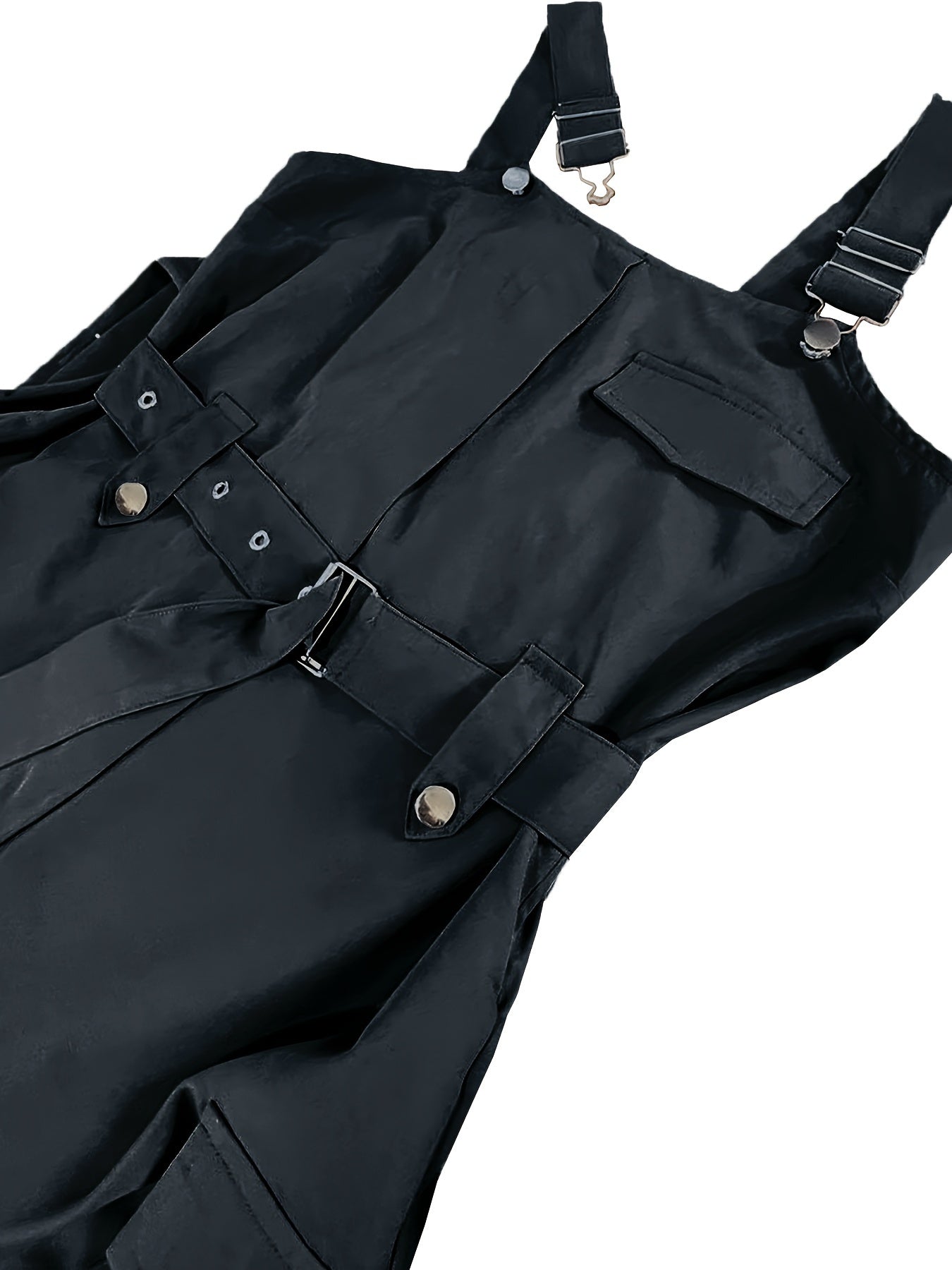 Solid Flap Pocket Cargo Jumpsuit, Casual Sleeveless Belted Flap Detail Jumpsuit, Women's Clothing