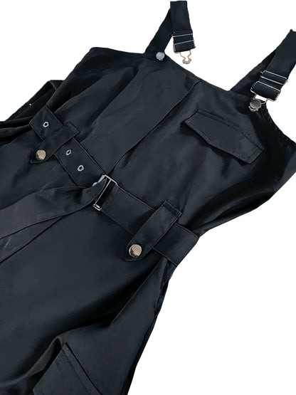 Solid Flap Pocket Cargo Jumpsuit, Casual Sleeveless Belted Flap Detail Jumpsuit, Women's Clothing