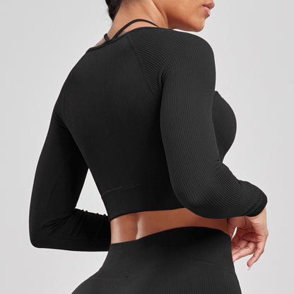 Sports Running Seamless Ribbed Long Sleeve Yoga Fitness Set, Bodycon High-Waisted Backless T-Shirt, Quick-Dry Workout Apparel