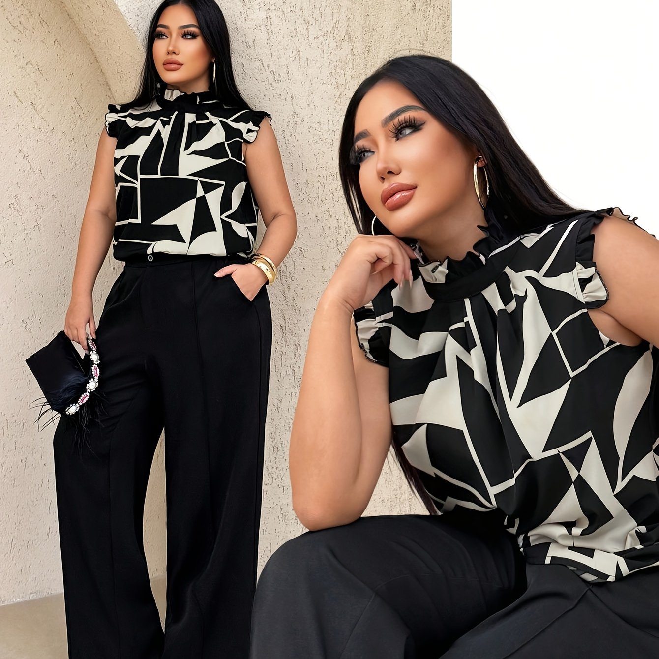 Plus Size - Plus Size - Elegant High Neck Geometric Print Blouse for Women - Sleeveless Summer Top with Asymmetrical Hem, Black & White Design, Non-Stretch Fabric, Perfect for Casual or Stylish Outfits, Summer Fashion | Asymm