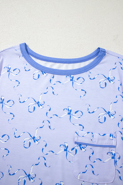 Sky Blue Bow Printed Ruffled Short Lounge Set