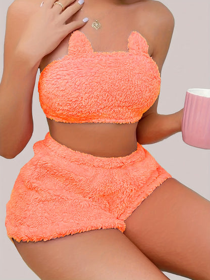 Sexy Solid Plush Lounge Set, Tube Crop Top & Elastic Shorts, Women's Loungewear for fall & winter