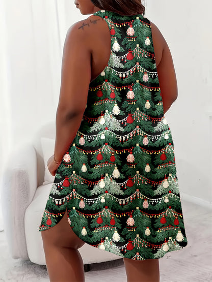Women's Elegant Christmas Tree Print Nightgown - Soft Polyester Sleeveless A-Line Sleep Dress with Exposed Shoulder Neckline, Vibrant Red Green Golden White Print, All-Season Machine Washable Plus Size Holiday Sleepwear for C