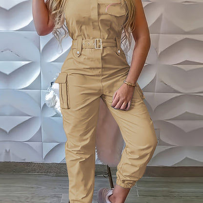 Solid Flap Pocket Cargo Jumpsuit, Casual Sleeveless Belted Flap Detail Jumpsuit, Women's Clothing