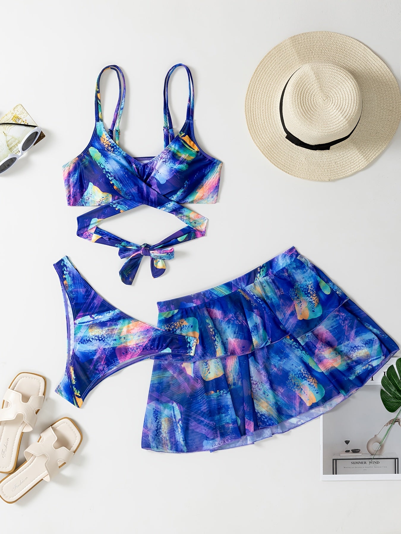 Women'S 3pcs Bikini Set with Skirt, Y0056, Polyester 82% Elastane 18%, Spaghetti Strap, Random Print, High Stretch Knit Fabric, Lace-Up Detail, Swimwear