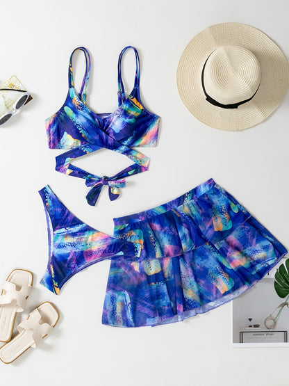 Women'S 3pcs Bikini Set with Skirt, Y0056, Polyester 82% Elastane 18%, Spaghetti Strap, Random Print, High Stretch Knit Fabric, Lace-Up Detail, Swimwear