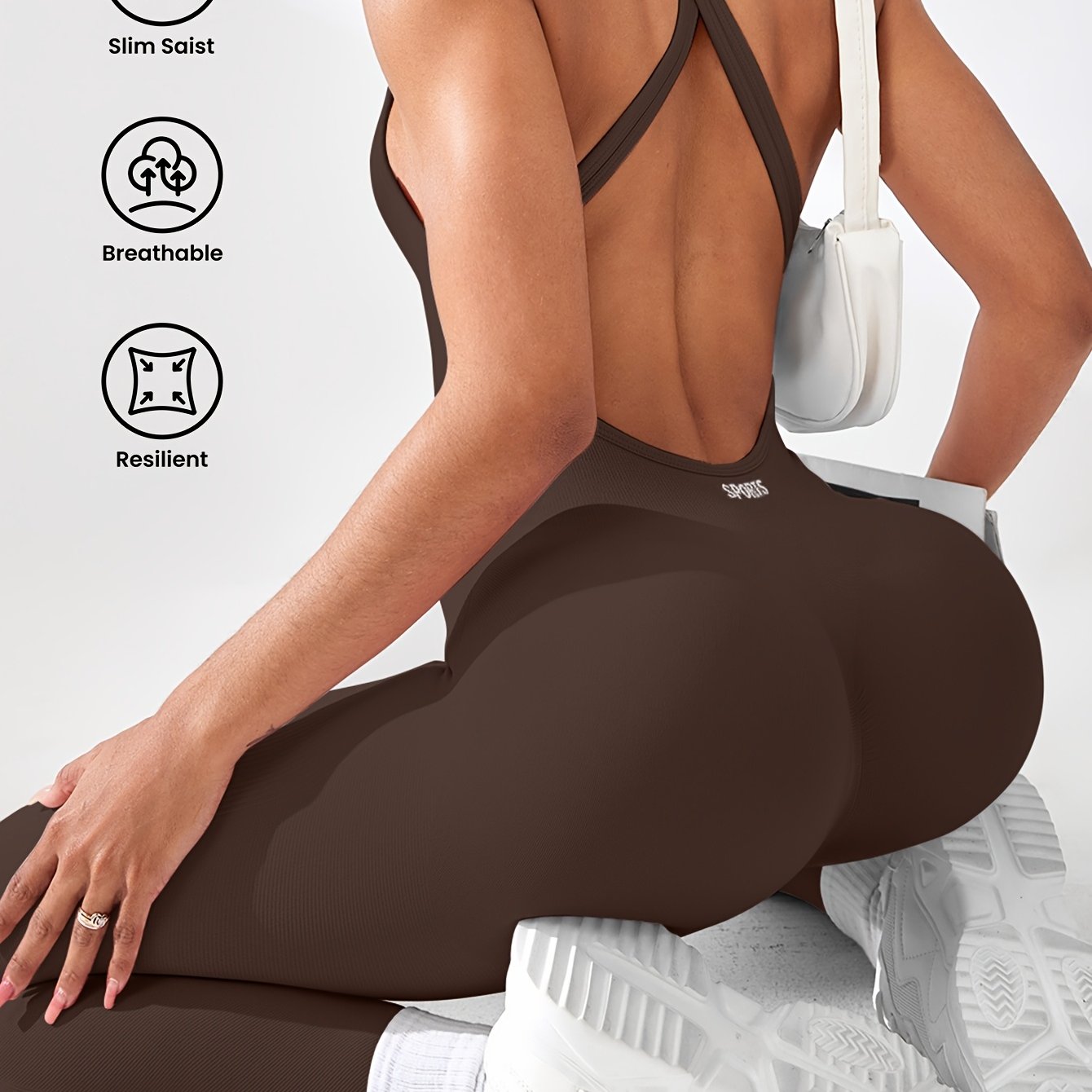 Women's High-Waisted Stretchy Yoga Jumpsuit - Smooth Knit Fabric, Solid Color, Long Sleeve, Round Neck, Machine Washable, Perfect for Sports & Fitness