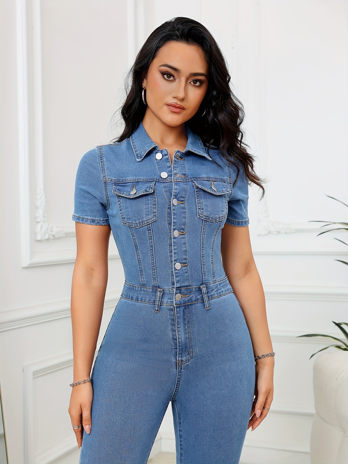 Trendy Washed Blue Skinny Fit Denim Jumpsuit - Soft, Comfortable, Single-Breasted, Short Sleeve, Relaxed Fit, Women's Fashionable Denim Overalls - Perfect for Casual Daily Wear, Outdoor Activities, and Street Fashion