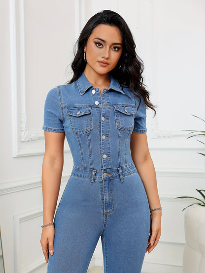 Trendy Washed Blue Skinny Fit Denim Jumpsuit - Soft, Comfortable, Single-Breasted, Short Sleeve, Relaxed Fit, Women's Fashionable Denim Overalls - Perfect for Casual Daily Wear, Outdoor Activities, and Street Fashion