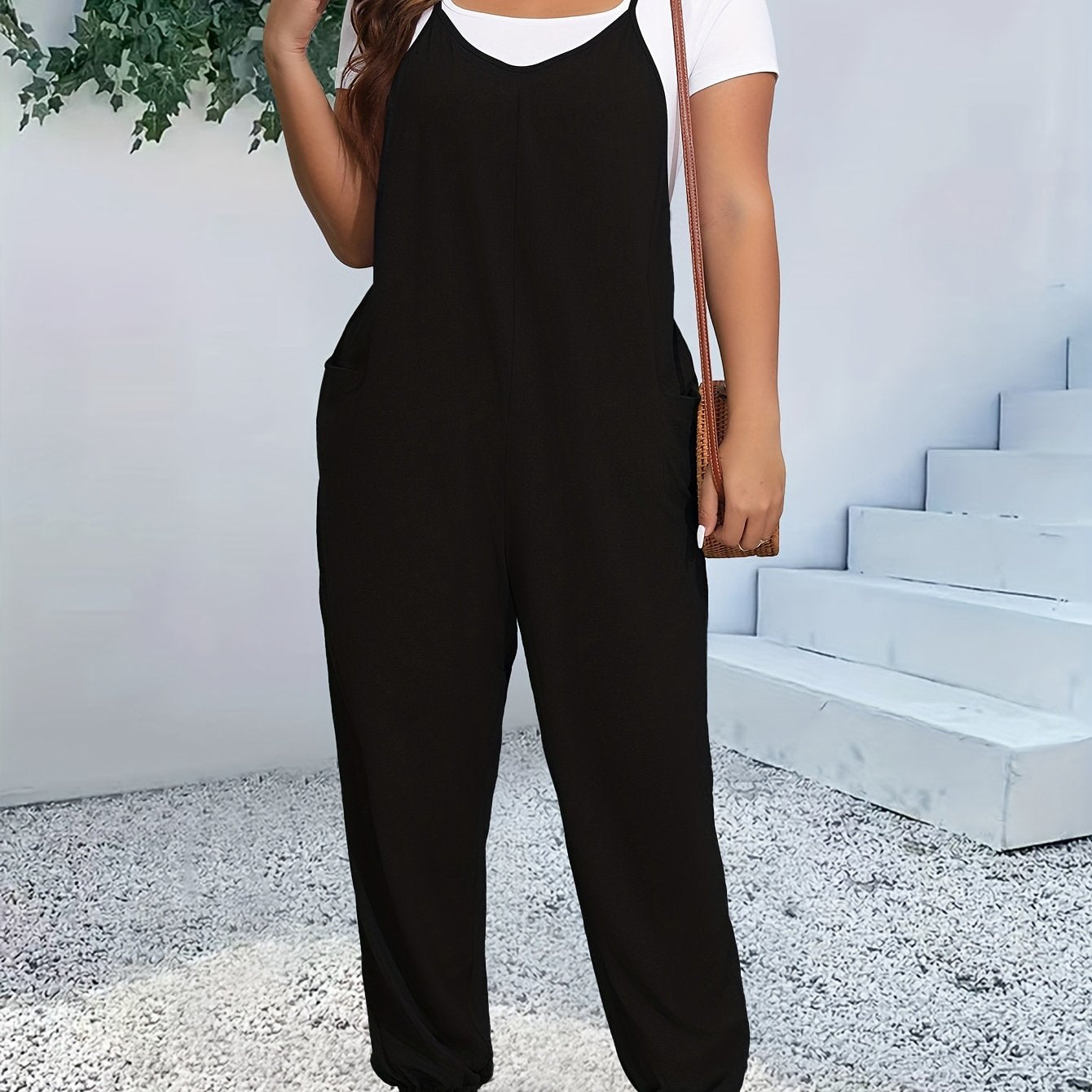 Plus Size Chic Cami Jumpsuit - Comfort-Fit with Tapered Leg, V-Neck Design, and Convenient Pockets - Versatile for Casual and Everyday Wear